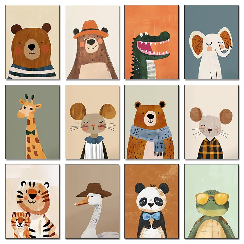 Funny Cute Cartoon Animals Minimalist Nordic Posters Prints Canvas Painting Wall Art Picture Living Room Kindergarten Home Decor
