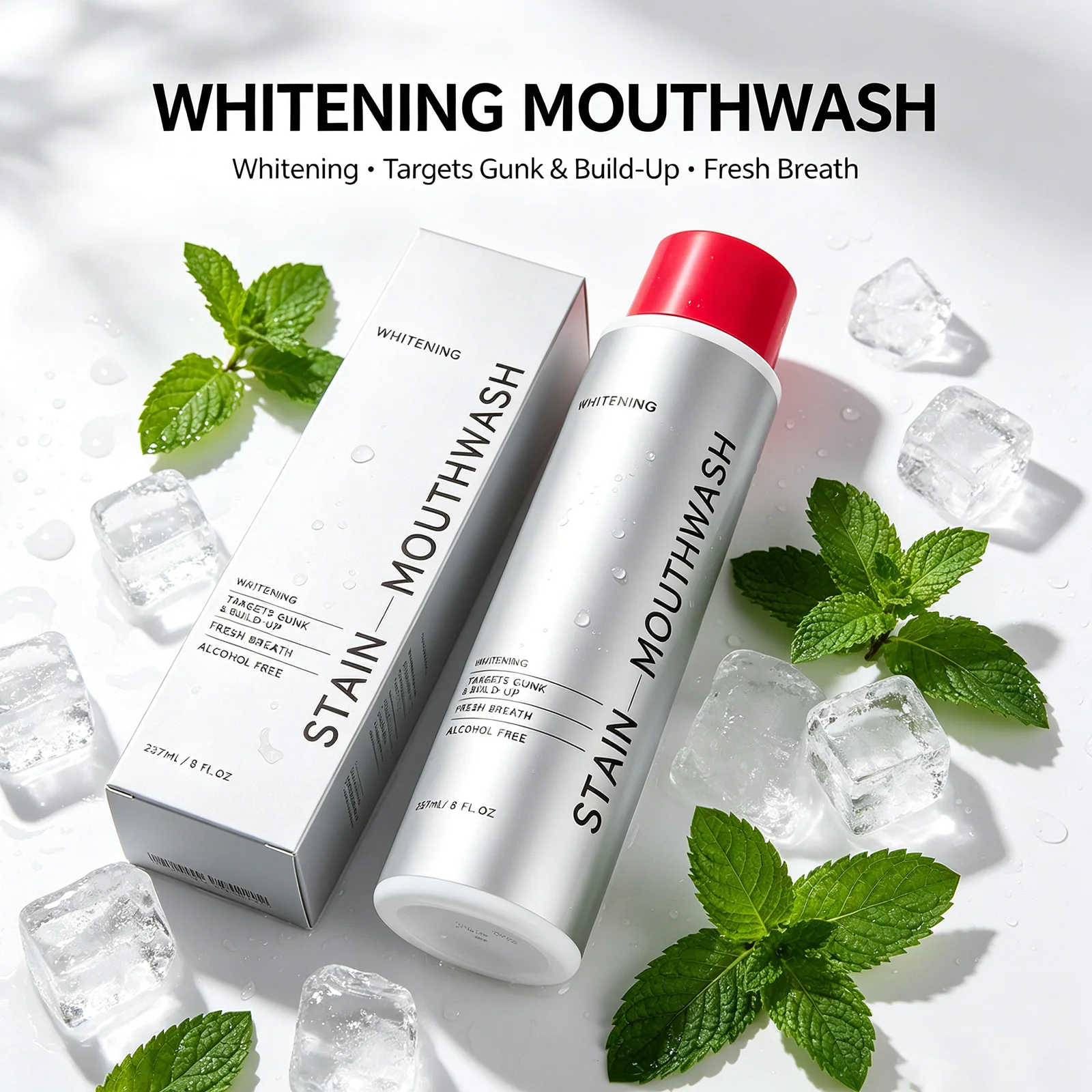 Whitening Mouthwash 237ml Alcohol Free Stain Remover Targets Gunk Fresh Breath Gentle Enamel Daily Oral Care for Brighter Smile