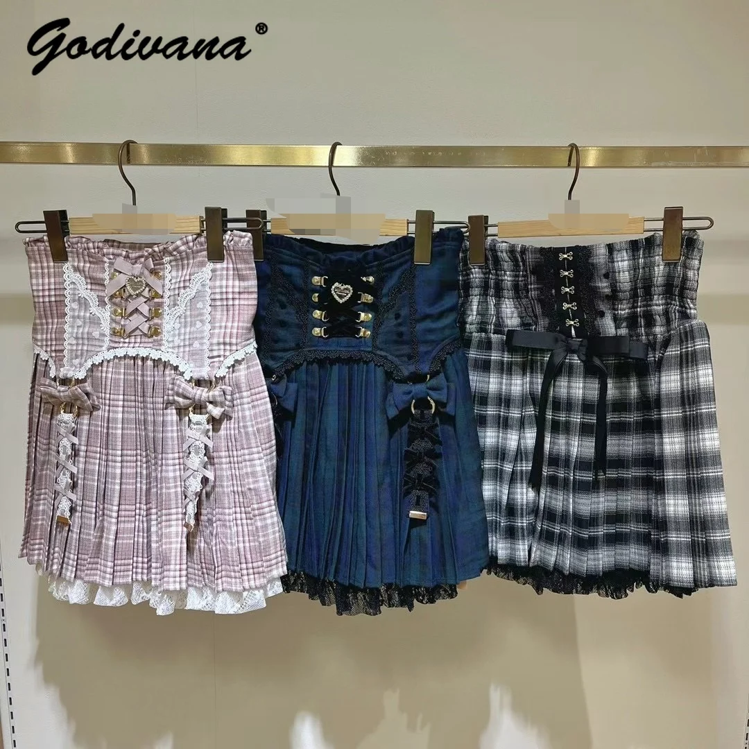 New 2024 Autumn Japanese Mine Girls Lolita Pleated Plaid Culottes Women's Sweet Bow High Waist Slim Short JK Skirts