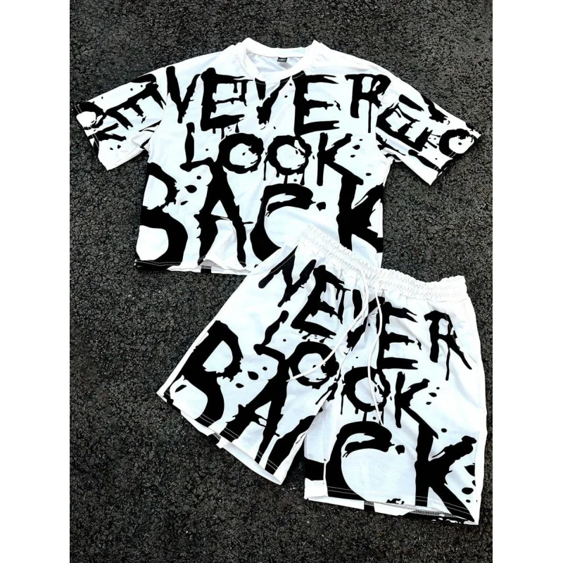 2025 Nwe Men's Youthful Street INS Black And White Color Block Oversized Letter Splash Ink Graffiti Digital Print Short Lo