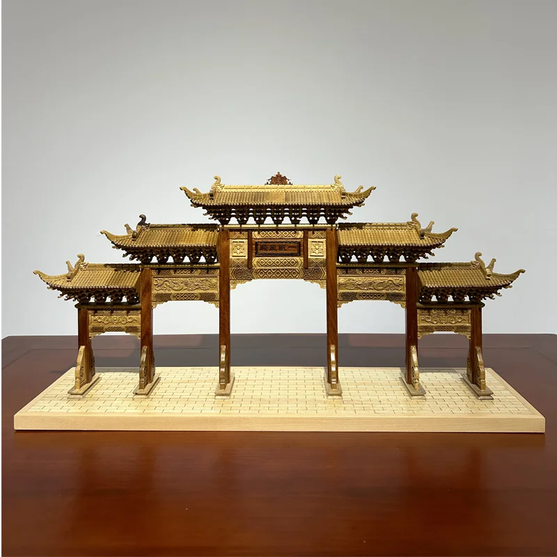 

Wood carving ancient architectural model five doors archway living room office study tabletop ornament crafts