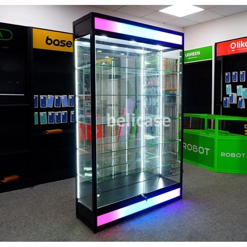 

2025customized.Adjustable Glass Shelves Wall Cabinet Retail Shop Displays Toys Glass Cabinets Flash Light Showcase Smoke Sho