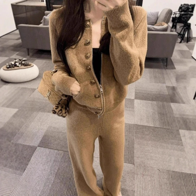 Women Two Piece Pant Sets Knit Sweater Zipper Casual Cardigan Long Pants O Neck Full Sleeve Jumpers Solid Warm Autumn Winter