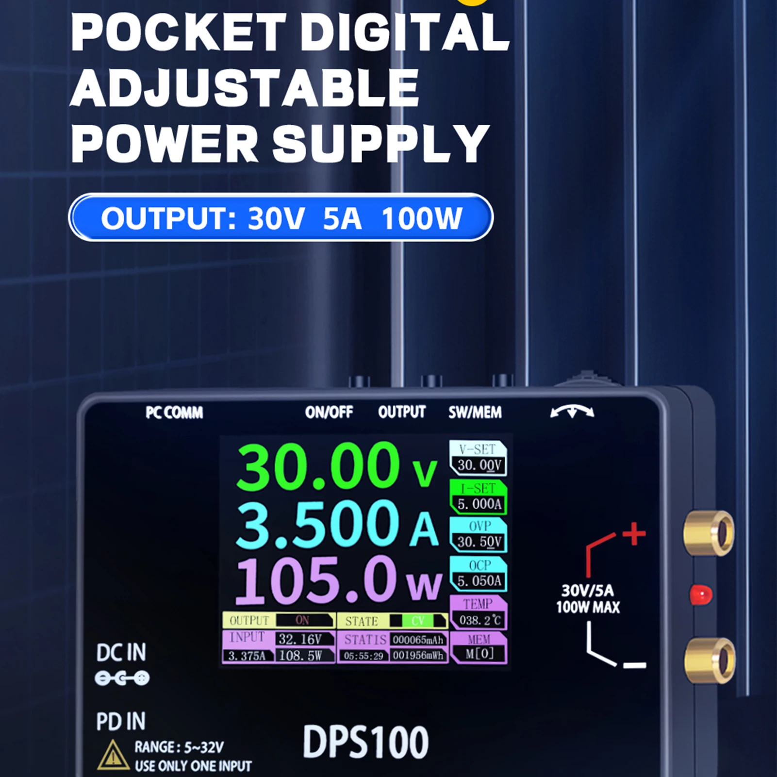 Fuente de alimentación de corriente continua DPS100, 100W, 5A, 30V, fuente de alimentación regulada por CC programable, fuente estabilizada en voltaje portátil de 2,4 pulgadas