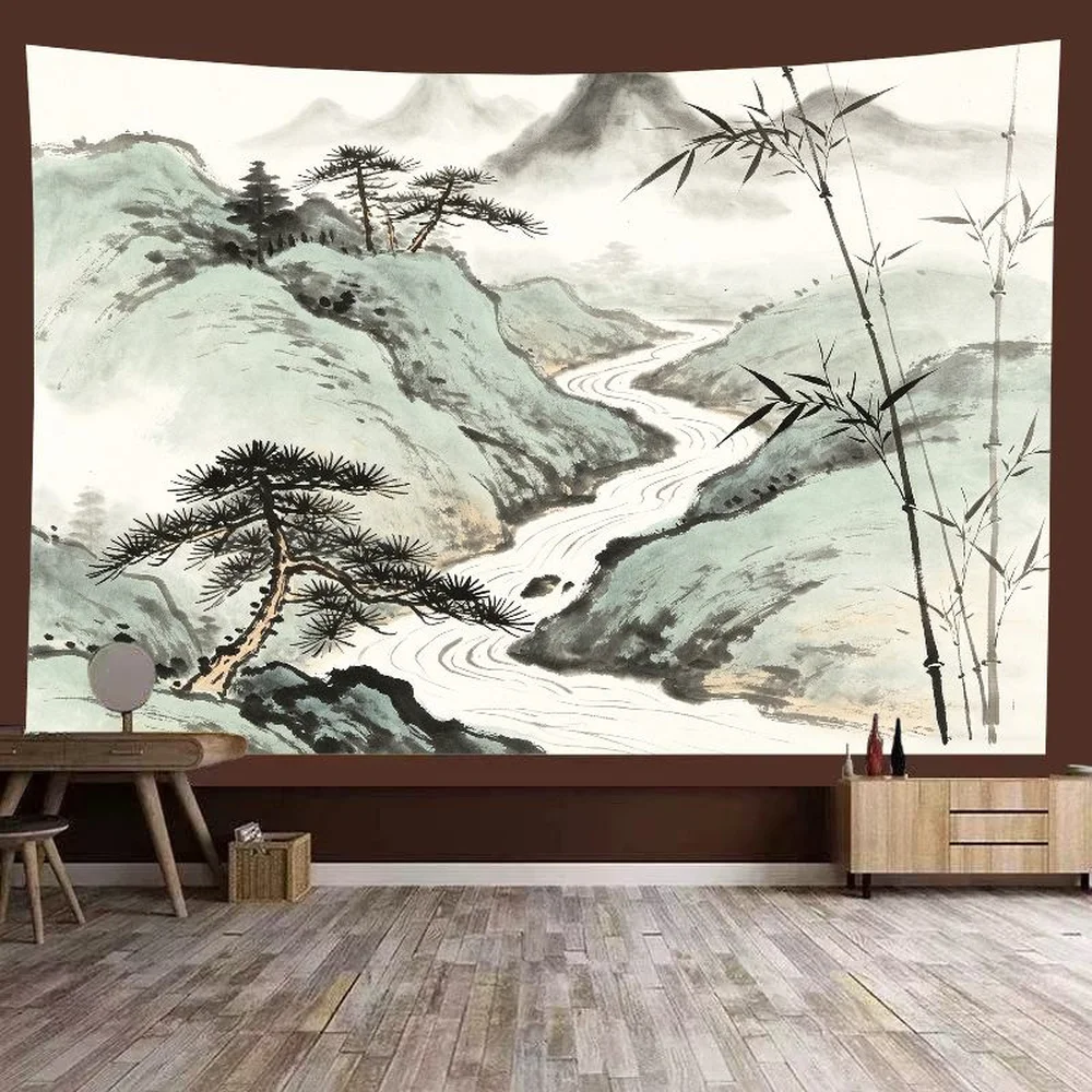 VIKAMA Asian Landscape Wall Hanging, Golden Autumn Temple Maple Leaves Serene Lake Decor