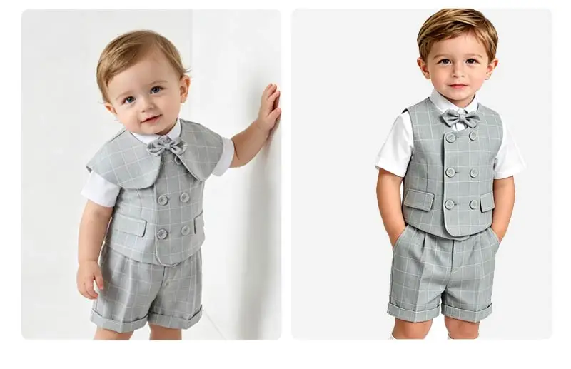 Grauer Karierter Kleinkind-Jungen Anzug Weißes Hemd Sommer Dünne Leinenweste Shorts Fliege Kinder Hochzeit Taufe Formelles Kostüm-Set – Detail 3