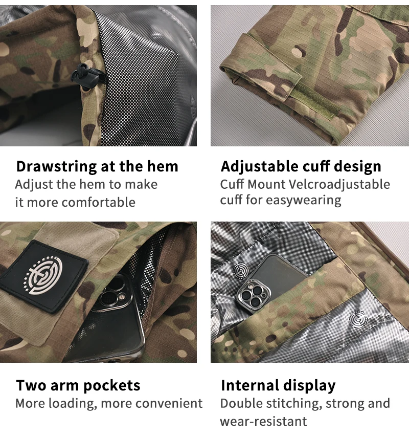 Camo militar dos homens terno tático, impermeável nos corta-vento, multi bolso Hoodie, camping uniforme, inverno, novo