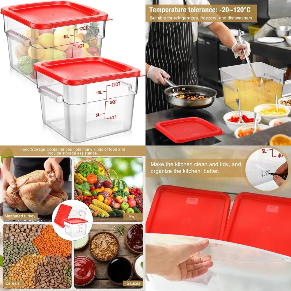 

2 Pack Clear Polycarbonate Square Food Storage Containers with Lids, 12 Quart Capacity, Red for Commercial Kitchen Use