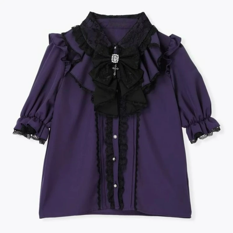 

Gothic Y2k Lolita Women Shirts Japanese Style Lace Bow Short Sleeved Tops Jirai Kei Girls Cosplay Party Casual Aesthetic Blouses