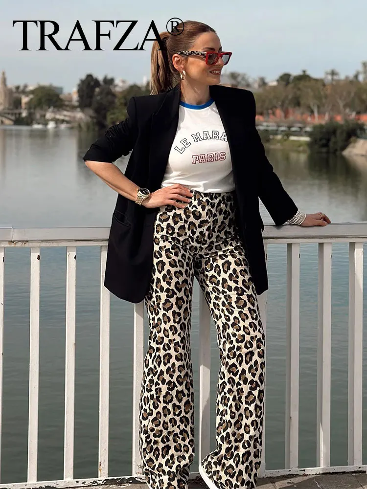 TRAFZA 2024 New Woman Trousers Leopard Print High Waist Zipper Loose Long Pants Casual Chic Elegant Vintage Wide Leg Pant Street