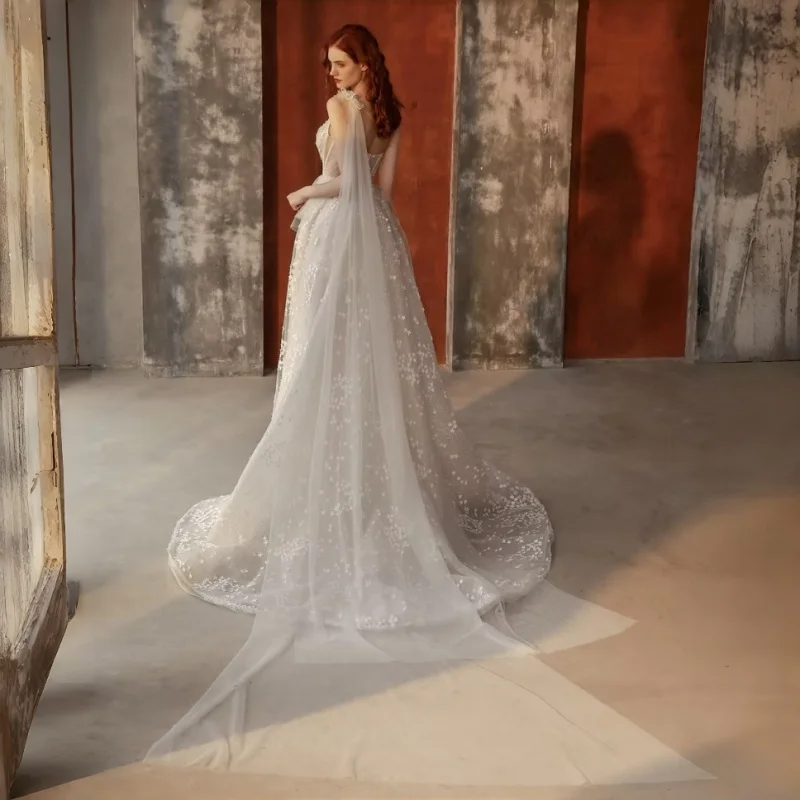Romantic Star 3D Appliqués Tulle Wedding Dress Detachable One-Shoulder A-Line Tulle Train Bridal Gown Evening Gowns Customizable