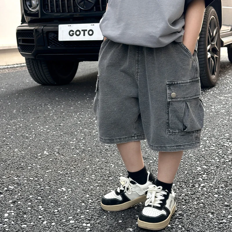 

Boys' Overalls Denim Shorts 2024 Summer New Boys' and Girls' Loose Casual Shorts