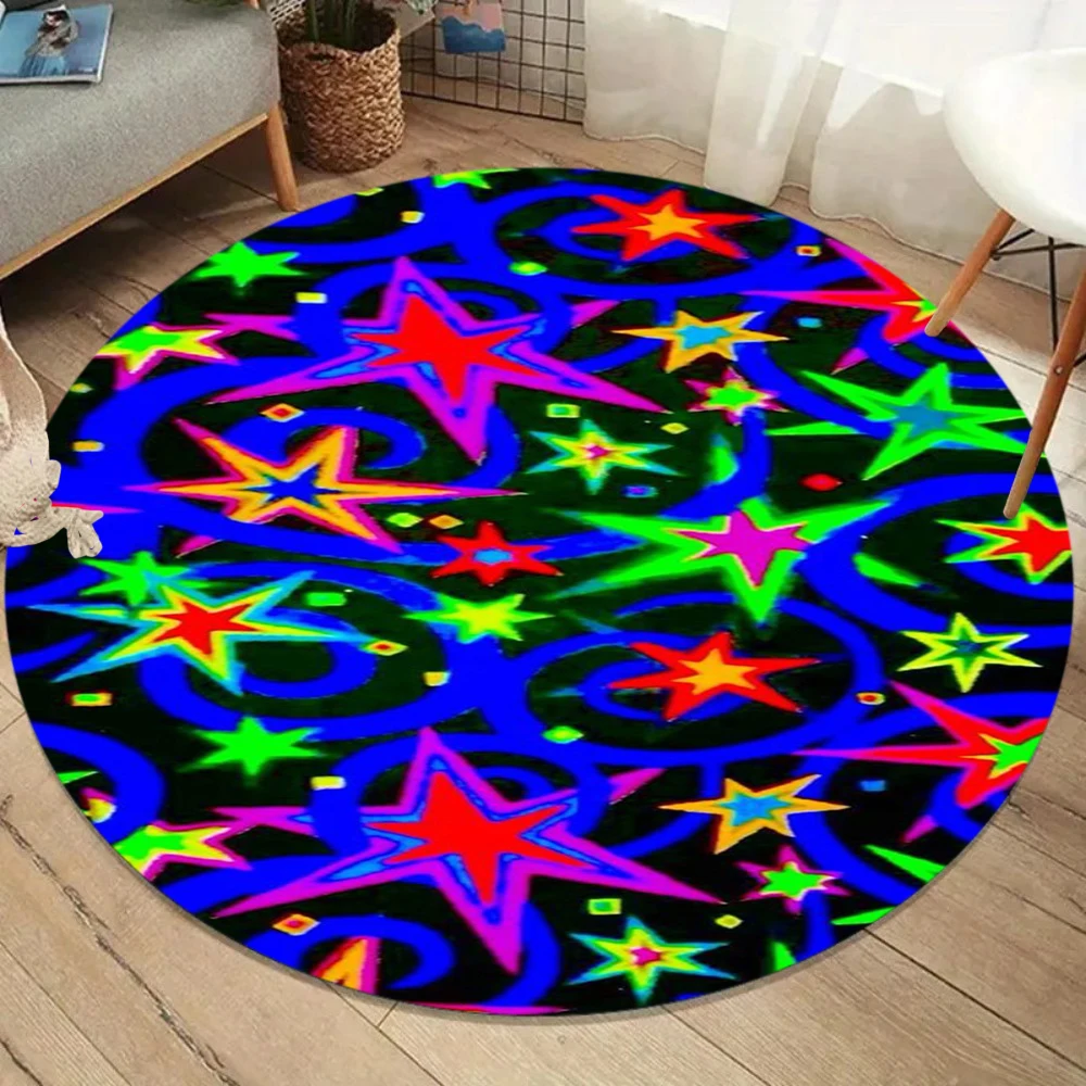 Neon Psychedelic Star Pattern Round Rug Vibrant Color Retro Groovy Carpet Anti-Slip Large Area Rug for Living Room Bedroom Decor