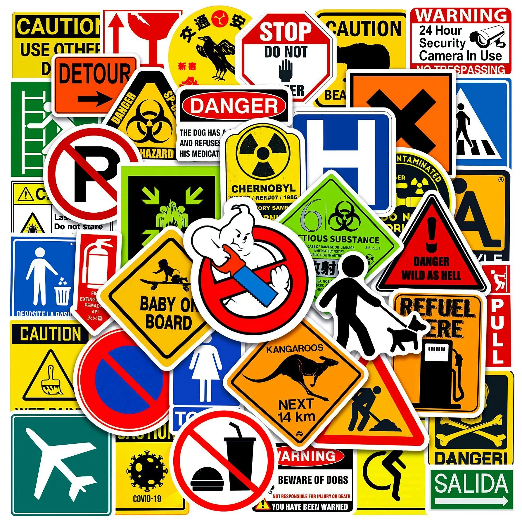 50 Pcs Warning Sign Stickers Caution Sign Waterproof Vinyl Decals for Skateboard Water Bottles Laptop Luggage Gift