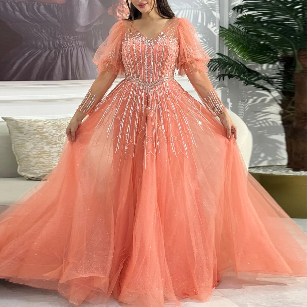 Robe de soirée pour invités de mariage, détails de perles personnalisés, col en V, manches longues, robe de bal, Tulle scintillant