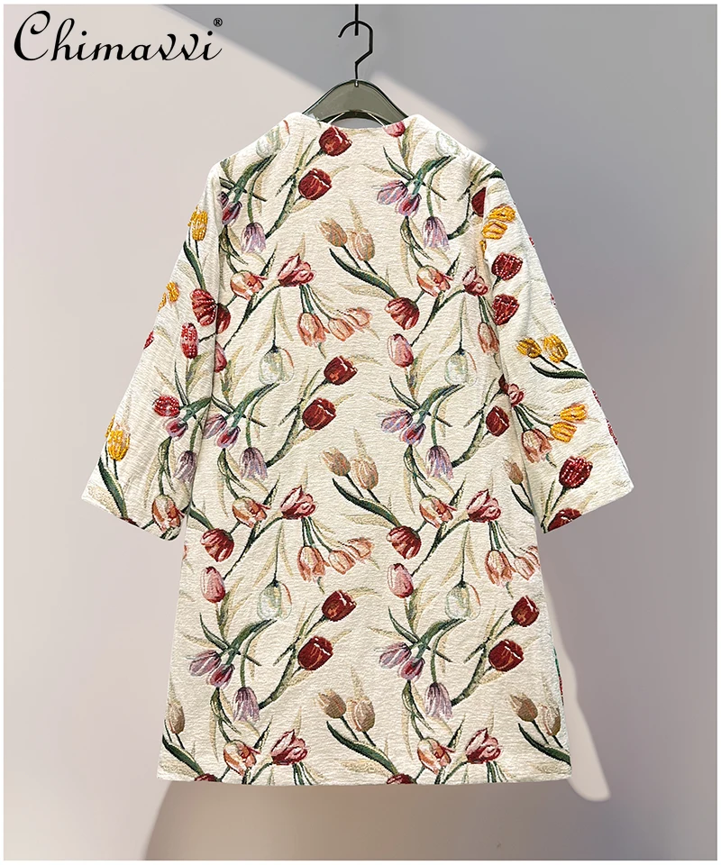 

Осень 2023, новая элегантная длинная куртка с вышивкой бисером, однобортный прямой роскошный женский плащ с круглым вырезом и длинными рукавами