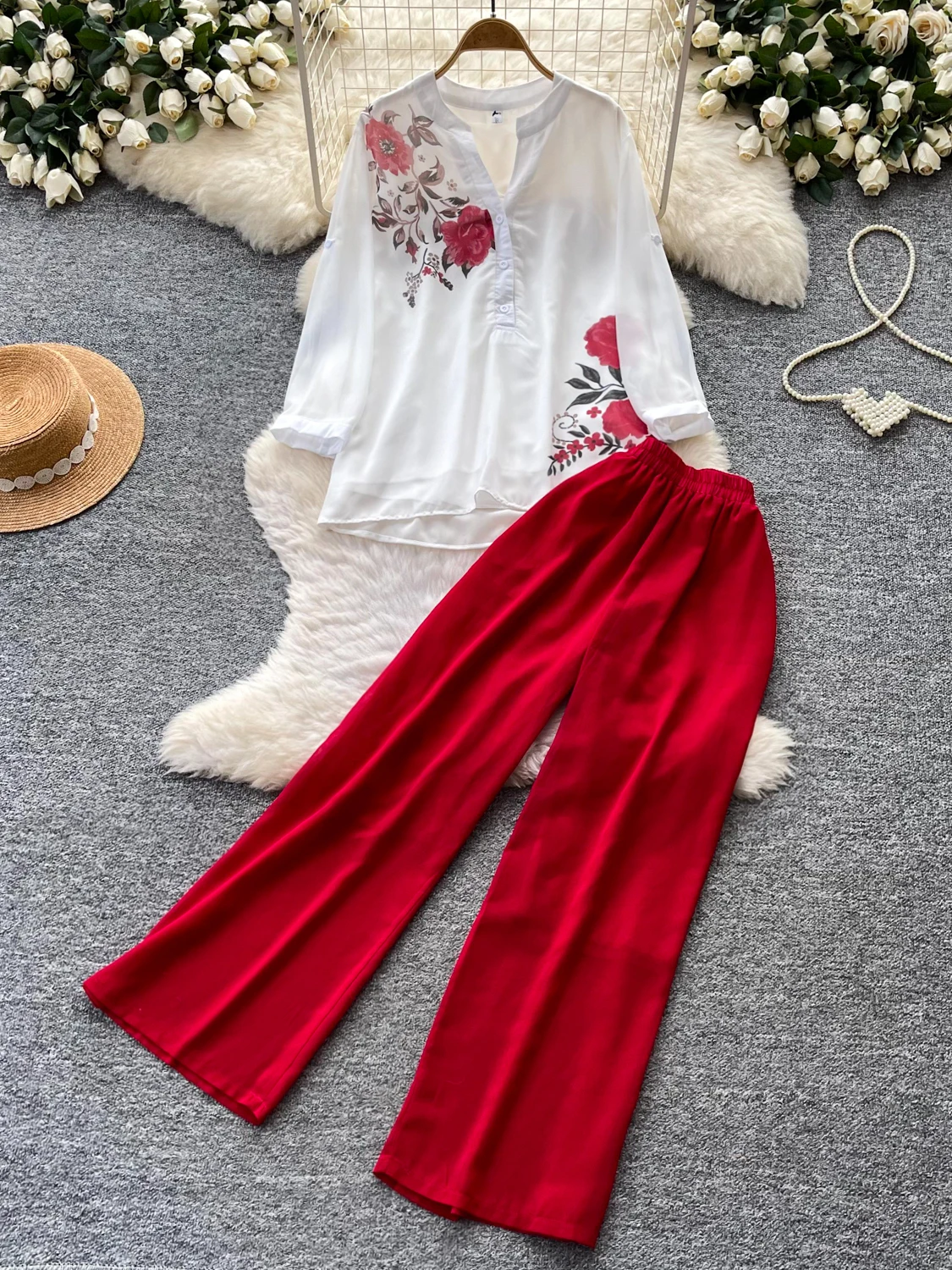

Printed Shirt Wide Leg Pants Two Piece Set Women's Loose Slimming Commute Style Autumn Fashion Set Casual Workwear
