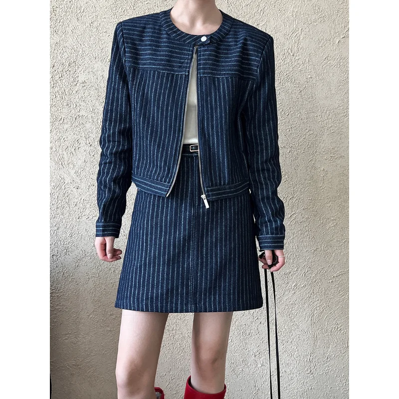 

Women French Striped Casual Denim Jacket+ Mini Skirt Suit Autumn Vintage Zipper Small Fragrance Chic Two-piece Set Female