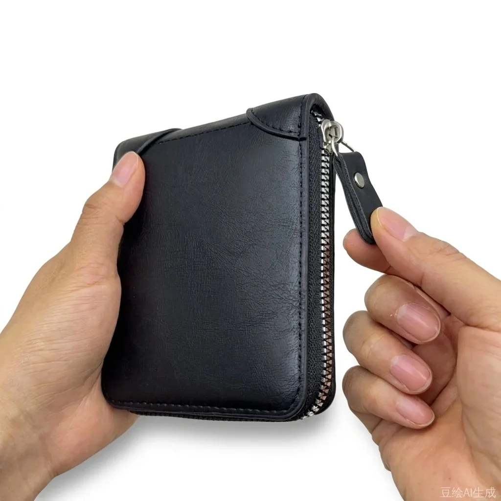Men’s Leather Zipper Wallet Large Capacity Multi-card Holder Wallets Coin Cash Purse with ID Window