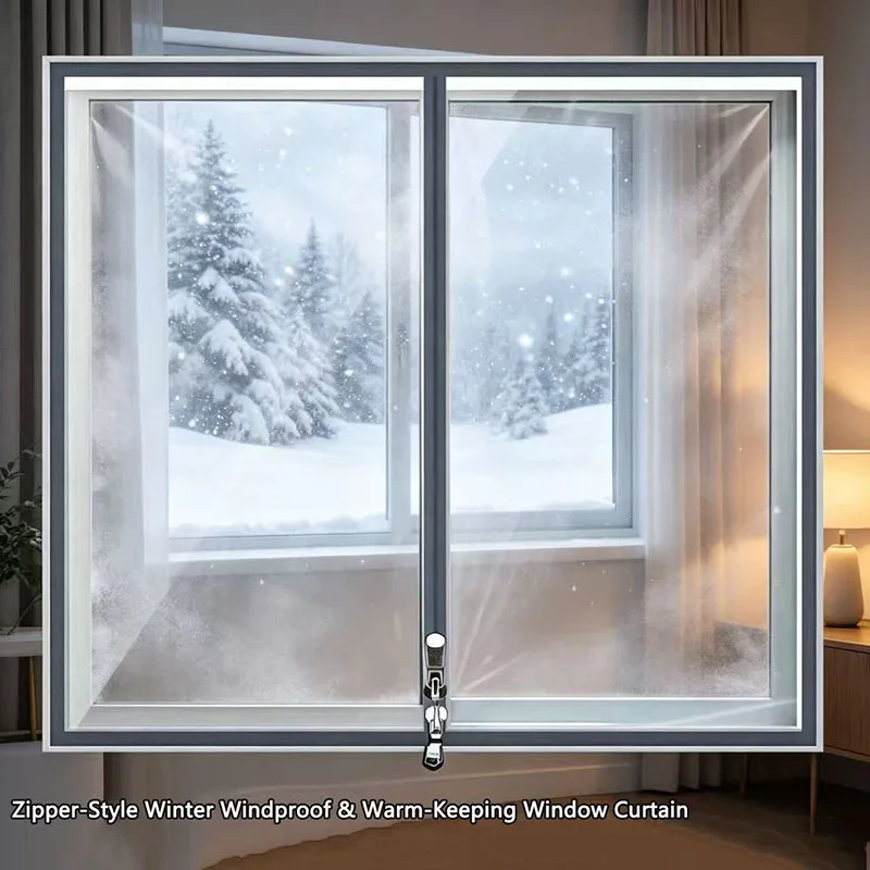 Winter Windproof Window Insulation Curtain Transparent Self‑Adhesive No‑Drill Zipper Style Clear View Block Cold Air for Home Us