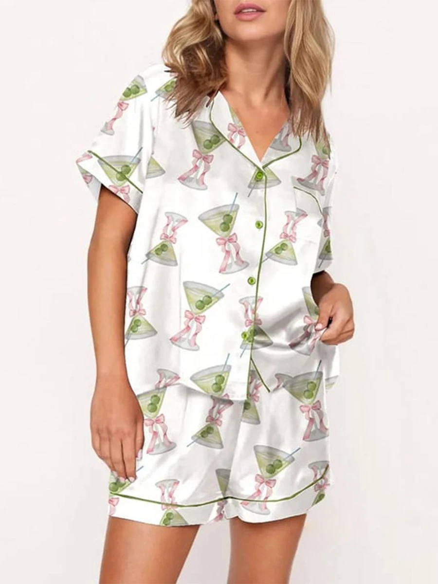 Two Piece Women Summer Pajama Set Cocktail Butterfly Print Short Sleeve Shirt with Shorts Sleepwear Loungewear