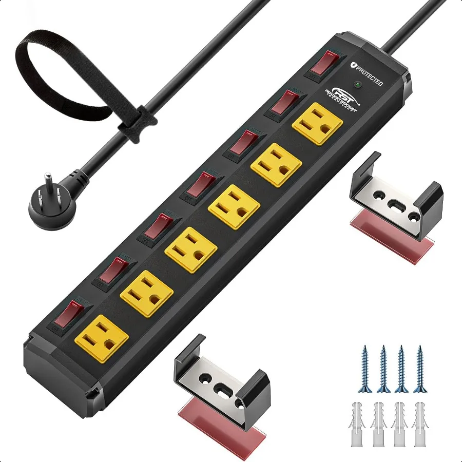 CRST 6 Outlet Metal Heavy Duty Power Strip with Individual Switches 6FT Wall Mount Garage Power Strip Surge Protector 1200 Joul