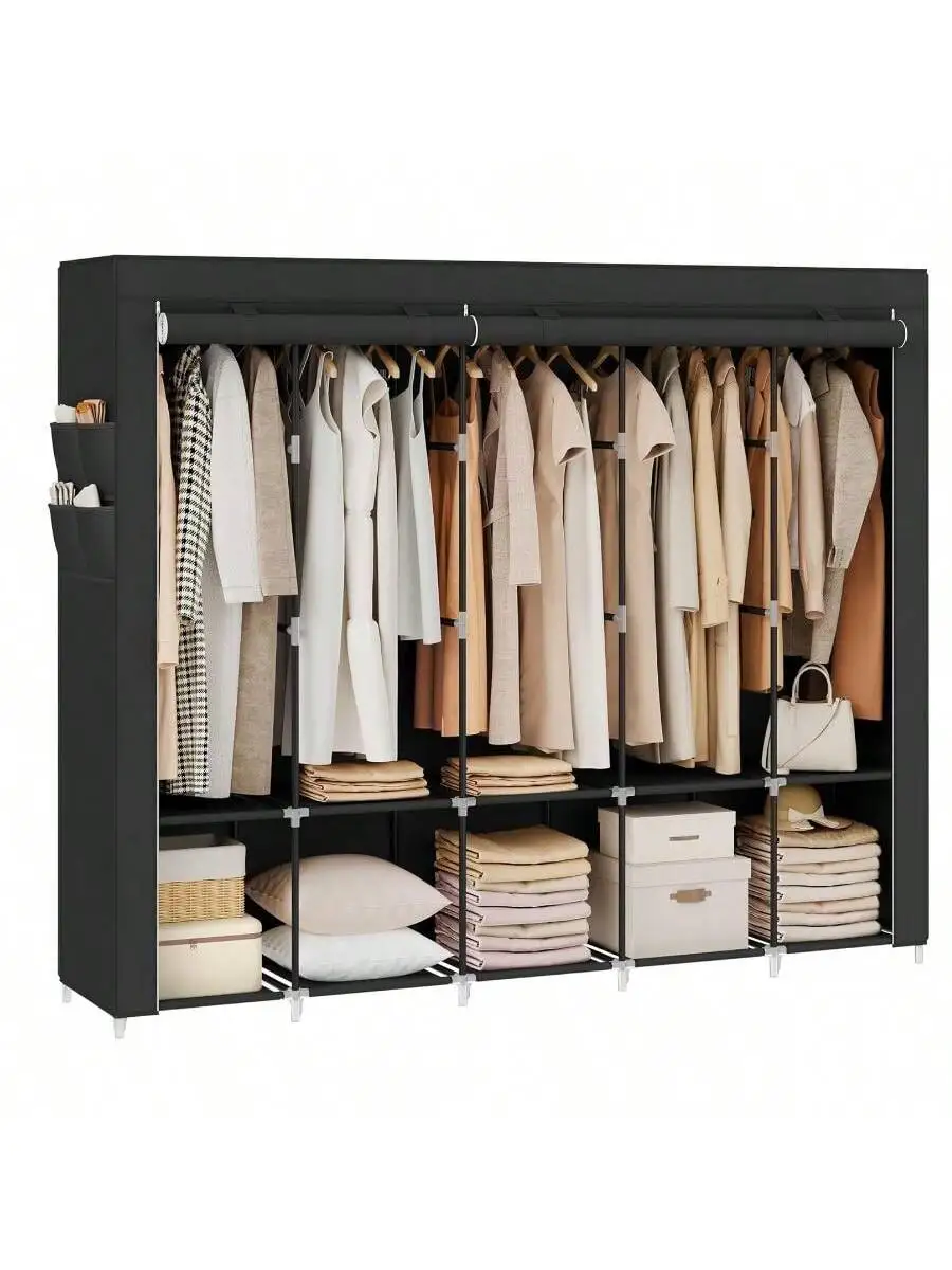 SONGMICS Portable Closet, Wardrobe Closet Organizer With Cover, 5 Hanging Rods And Shelves, 4 Side Pockets, 83 X 17.7 X 65.7