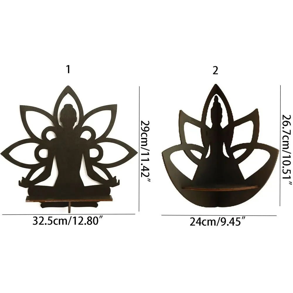 Wall Art Lotus Buddha Display Shelf Wooden Craft Black Hollow Buddha Display Stand Handmade Crystal Storage Holder Living Room