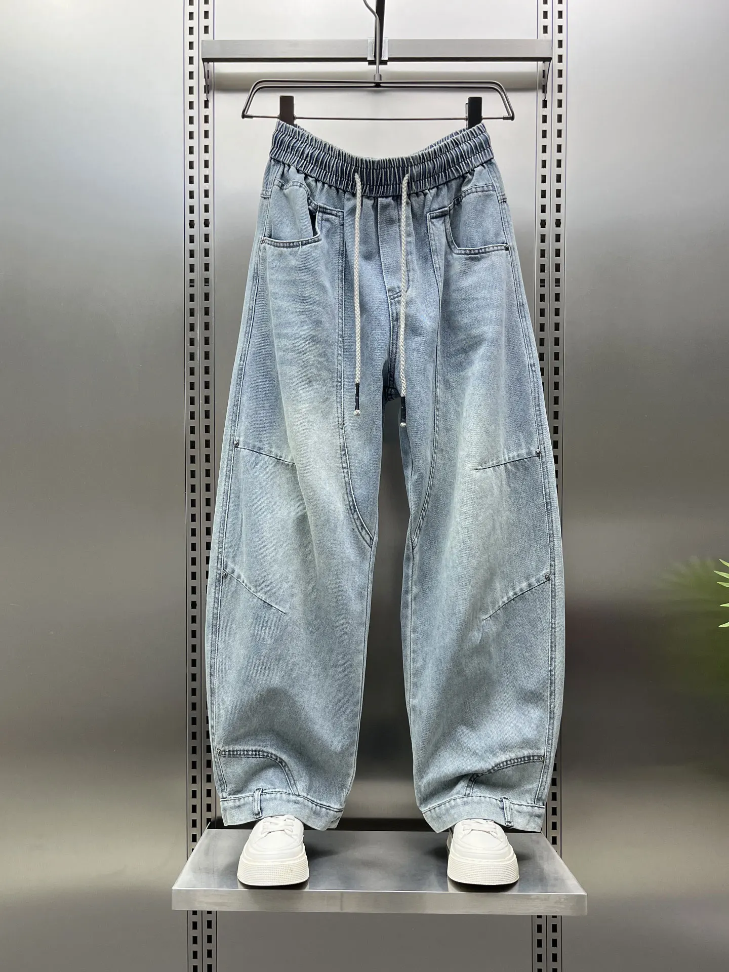 

Retro Light Blue Men's Jeans Spring Trendy Wide Leg Knife Loose Straight Casual Long Pants Waed Denim Casual Sle
