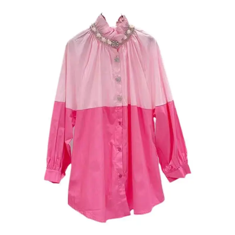 New In Embroidered Flares Button Up Cotton Blouses Shirts For Women\'s Long Sleeve Pink Mid-Length Loose Casual Patchwork Top