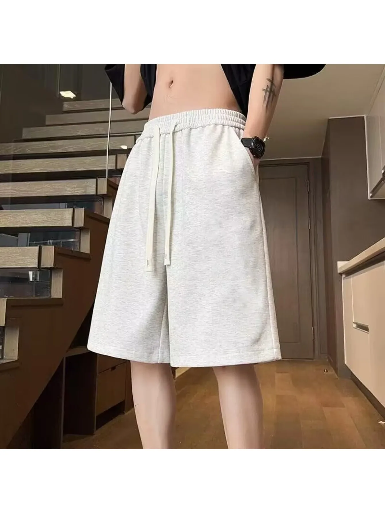 

2026 Summer New Men'S Korean Style Below Knee 5-Minute Length Pants Black Drawcord Oversized Straight