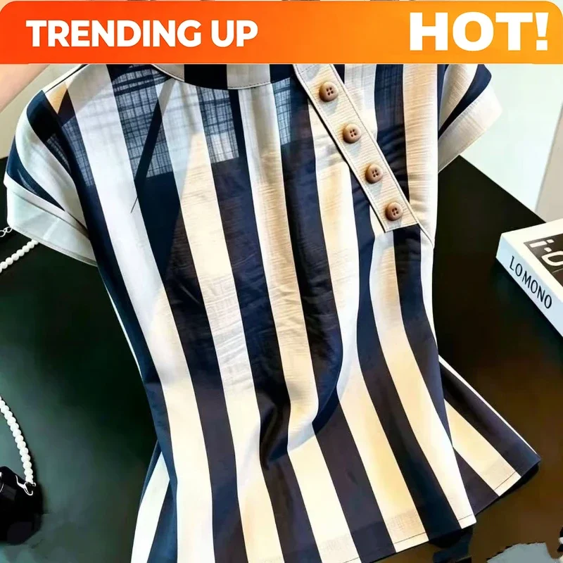 Customization Short Sleeve Button Patchwork Contrast Striped Vintage Shirt Tops Summer All-match Elegant Blouse Office Fashion