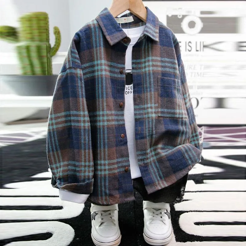 2025 Spring Fall New 100% Cotton Rough Weave Cuff Boys' Checkered Shirt Trendy Big Kids' Spring Fall Seasonal Apparel