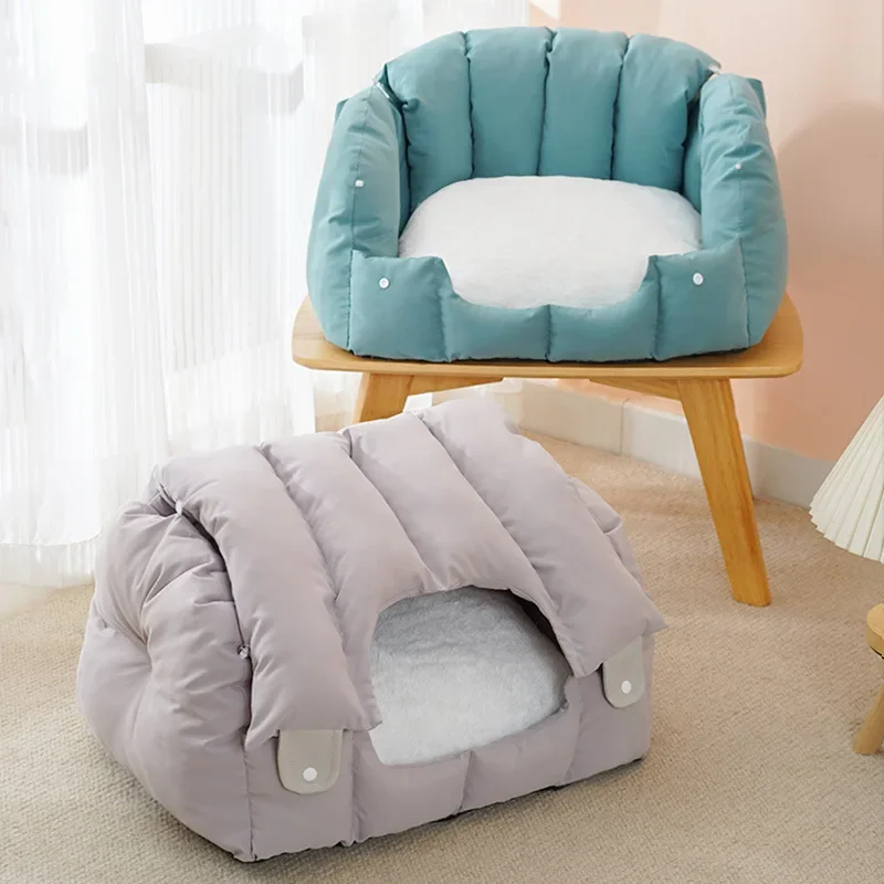 Pet Dog Cat Round Plush Bed Semi-Enclosed Cat Nest for Deep Sleep Comfort In Winter Cats Bed Little Mat Basket Soft Kennel