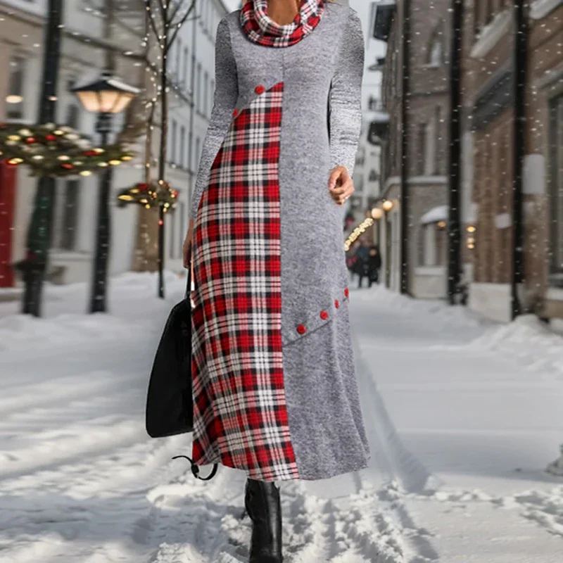 

Fall Winter Casual Patchwork Plaid Button Loose Long Dress Women Long-sleeve Maxi Dress Fashion Scarf Turtleneck Pullover Dress