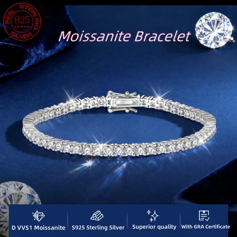 100% Real Moissanite Tennis Bracelet 925 Sterling Silver Plated 18K Gold with GRA Bracelet for Women Man Sparkling Party Jewelry
