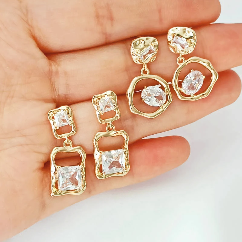 1 Pair New 14K Copper Clad Gold Zircon Set Irregular Square Geometric Round S925 Ear Needle Diy Jewelry Accessories Materials