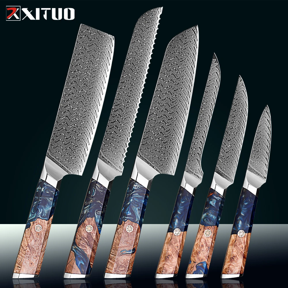 xituoプロフェッショナルキッチンナイフセット1-6本、ダマスカス鋼三徳包丁、肉切り包丁、皮むき包丁、パン切り包丁、骨抜き包丁、樹脂製木製ハンドル付き調理用ナイフ