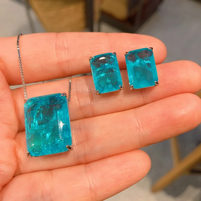 

Paraiba Blue Light Rectangular Earrings Pendant Simple Women's Style