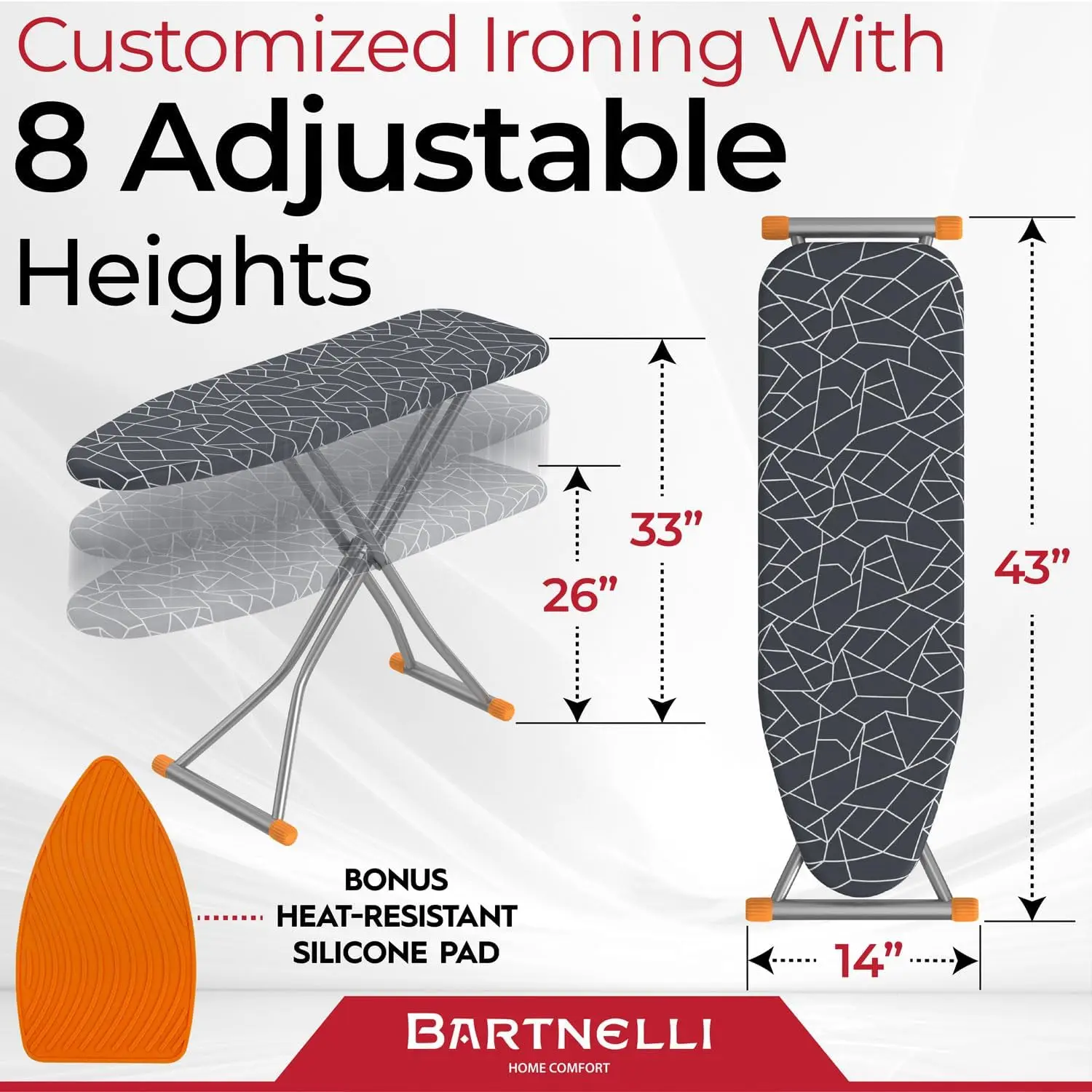 Ironing Board | Space-Saving and Ultimate Iron Board Experience 13x43 | Reinforced Steel Legs, Adjustable Height