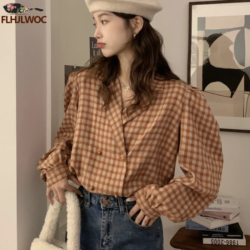 Cute Retro Vintage Double Button Cotton Tops Women New FLHJLWOC Design Chic Korea Japan Girls Long Sleeve Plaid Shirts