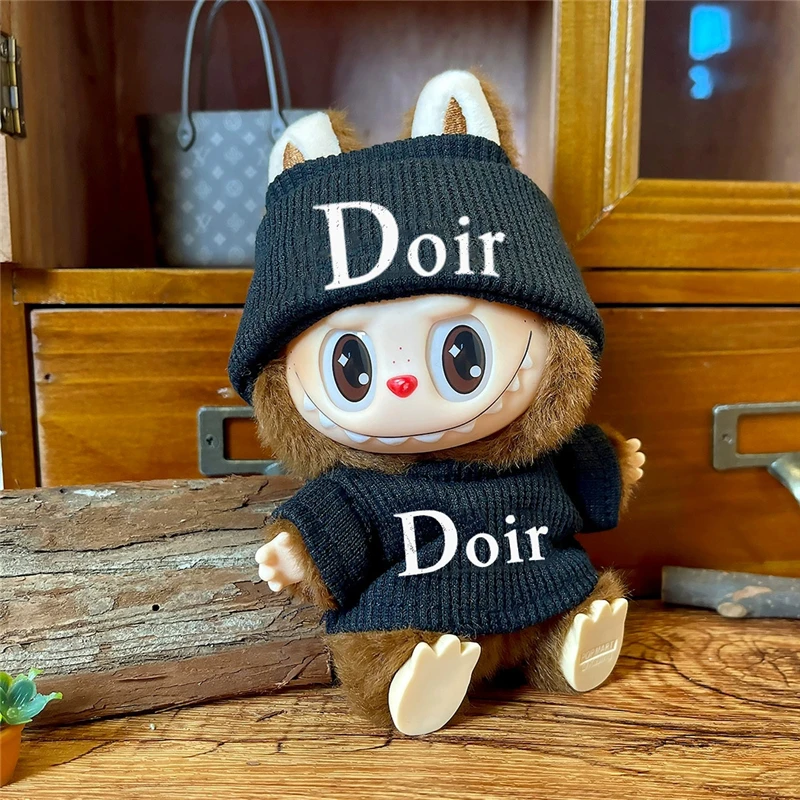 15 17cm For Labubu Doll Fashion Luxury Letter Knitted Hat T-Shirt Set Clothes Solid Color Simple Sweater Clothing Accessories