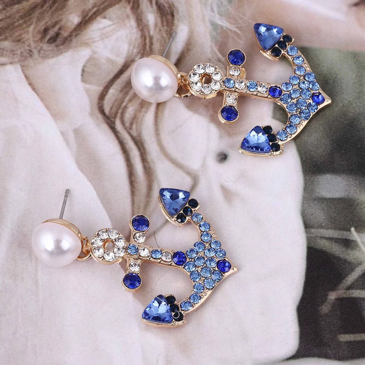 Fashion Creative Anchor Pearl Earrings For Women Vintage Rhinestone Charms Cross Pendant Earrings Office Party Jewelry Lady Gift