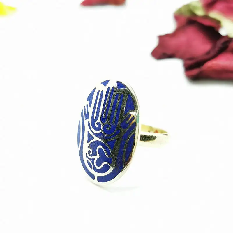 Tibetan Rings Buddhist Buddha Hand Amulet Stamp Ring Copper inlaid Stone Oval R030
