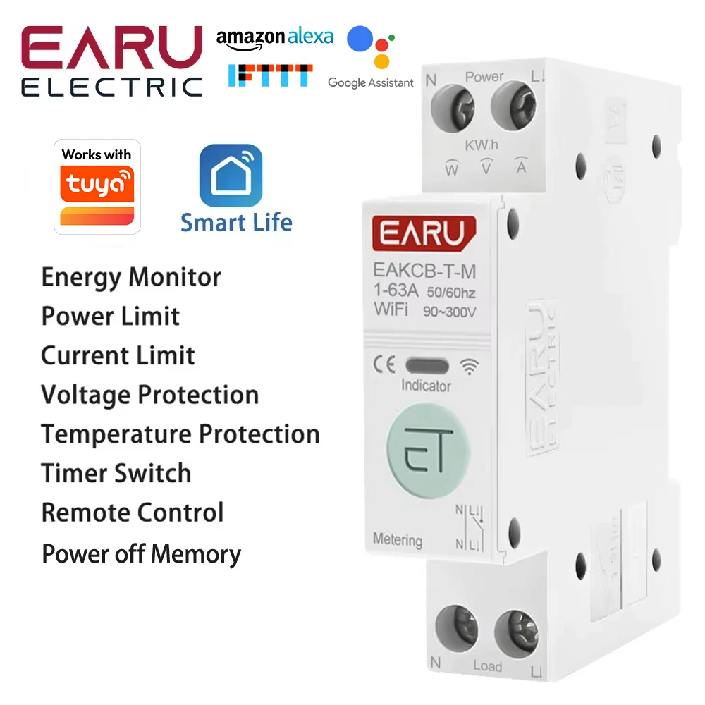 EARU Tuya WiFi Smart Circuit Breaker MCB Timer 63A Power Energy kWh Voltage Current Meter Protector Voice Remote Control Switch