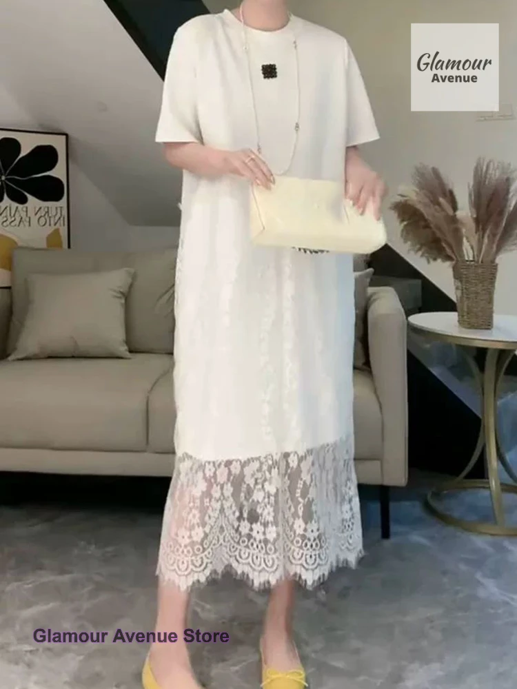 Abito estivo a maniche corte in pizzo con cuciture in tinta unita nuovo stile francese femminile plus size abito T-shirt slim Joker lungo allentato