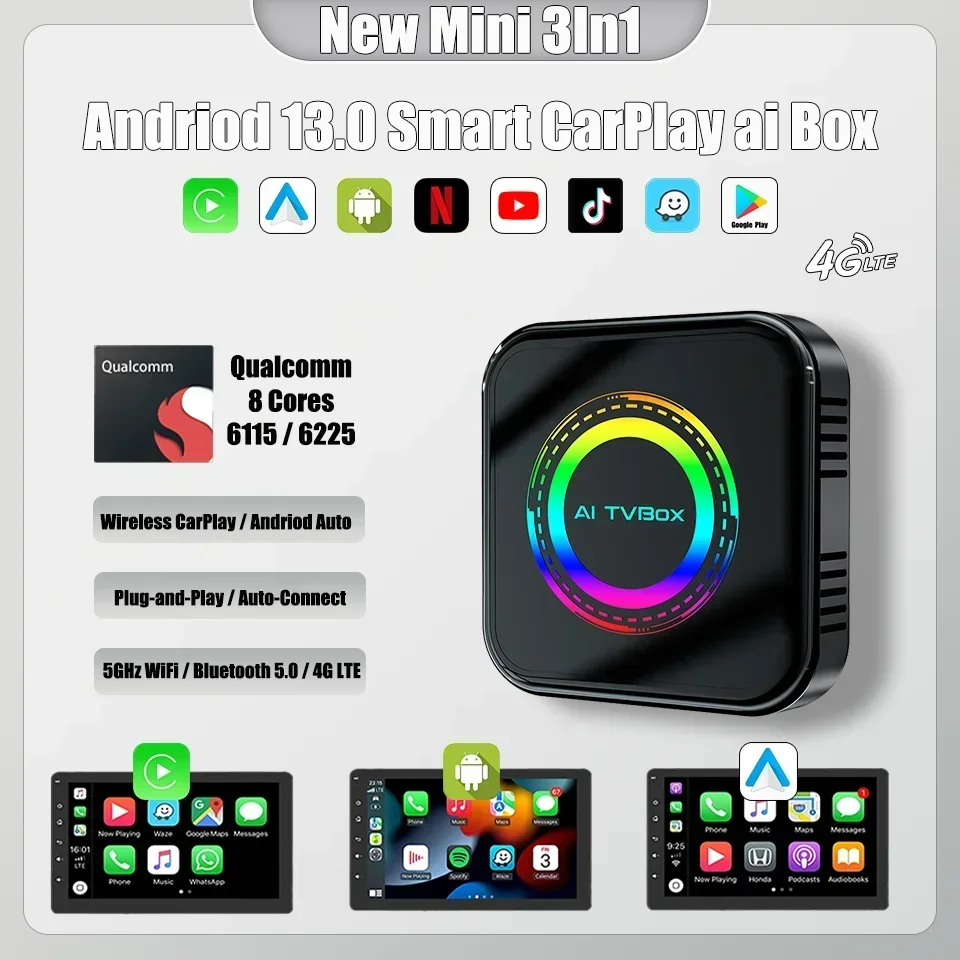 

New Android 13 Ai Box QCM 6225 8+128G Apple CarPlay & Android Auto 3in1 Multimedia Adapter Built-in Netfilx Youtube Google Play