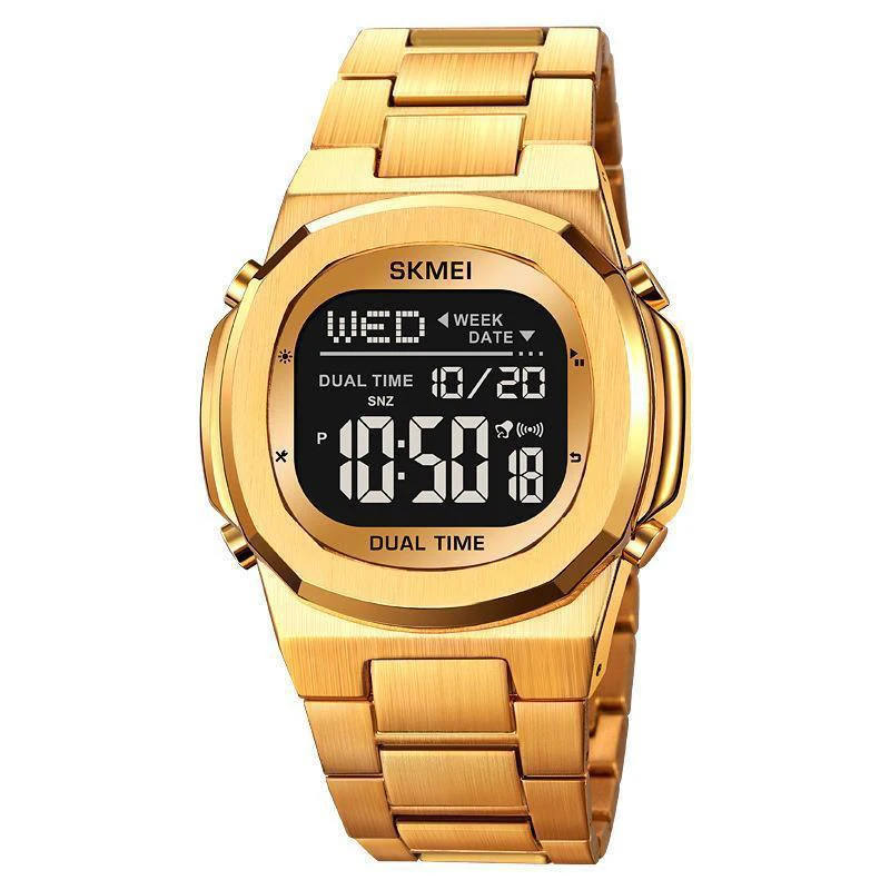 Goldene Digitaluhr mit Edelstahlarmband, Doppelzeit, Wochentags- und Datumsanzeige für den täglichen Business- und Freizeitgebrauch. – Detail 7