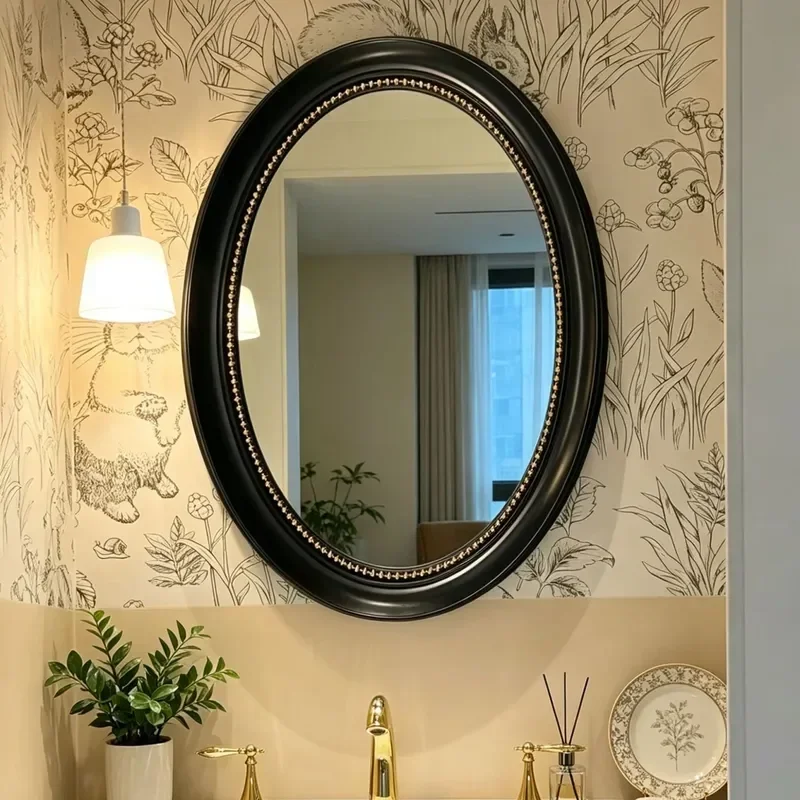 Medieval Black Oval Bathroom Mirror Retro Beaded Design Wall Mounted Mirror for Washstand Makeup Hotel Decorative Mirror