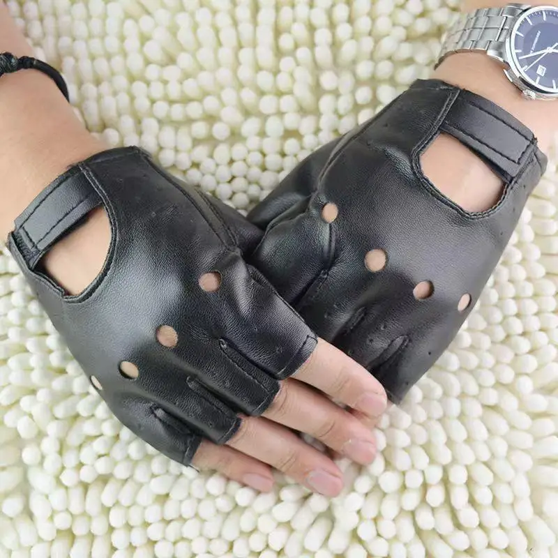Men Unisex Artificial Leather Half-Finger Gloves Theatrical Punk Hip-Hop Driving Motorcycle Performance Party Fingerless Mittens